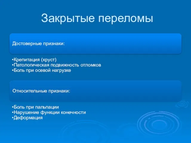 Закрытые переломы Достоверные признаки: Крепитация (хруст) Патологическая подвижность отломков Боль при осевой