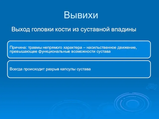 Вывихи Причина: травмы непрямого характера – насильственное движение, превышающее функциональные возможности сустава