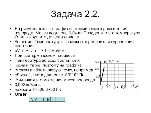 Задача 2.2. На рисунке показан график изотермического расширения водорода. Масса водорода 0,04
