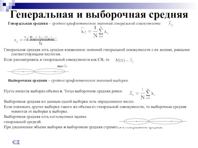 Генеральная и выборочная средняя Генеральная средняя – среднее арифметическое значений генеральной совокупности