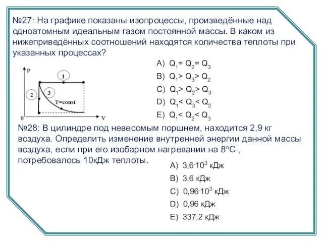 №27: На графике показаны изопроцессы, произведённые над одноатомным идеальным газом постоянной массы.