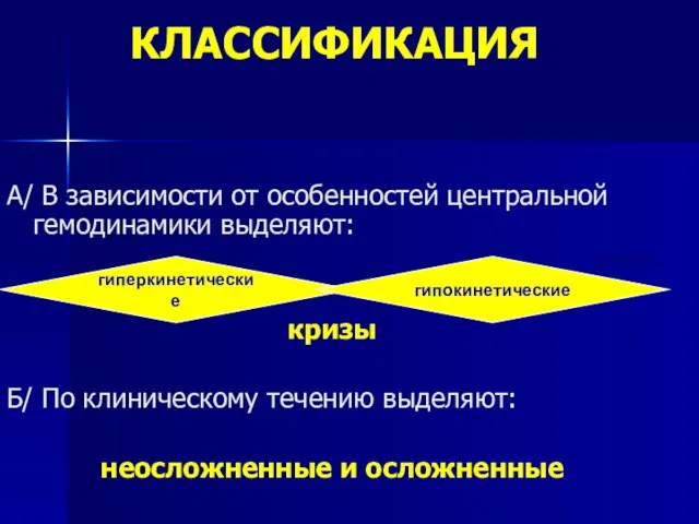 КЛАССИФИКАЦИЯ А/ В зависимости от особенностей центральной гемодинамики выделяют: кризы Б/ По