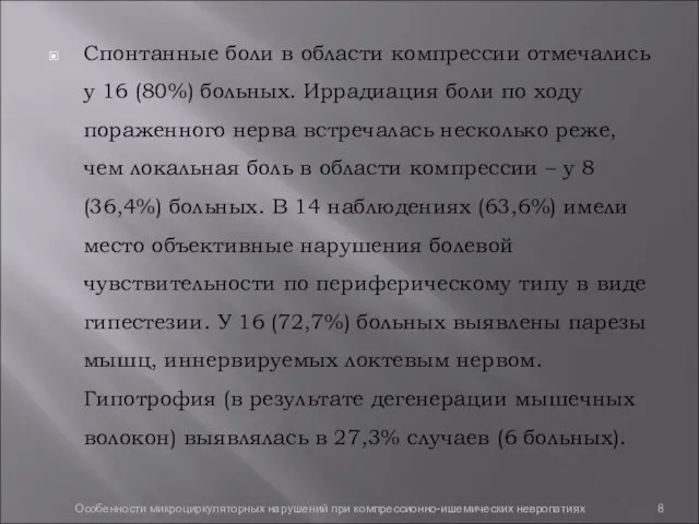 Спонтанные боли в области компрессии отмечались у 16 (80%) больных. Иррадиация боли