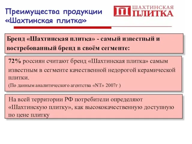 Преимущества продукции «Шахтинская плитка» Бренд «Шахтинская плитка» - самый известный и востребованный