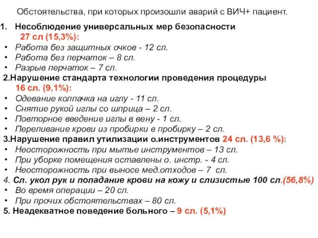 Обстоятельства, при которых произошли аварий с ВИЧ+ пациент. Несоблюдение универсальных мер безопасности