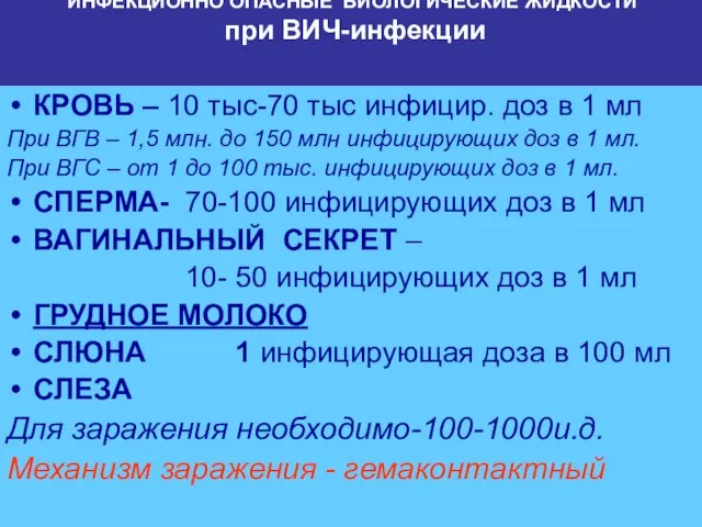 ИНФЕКЦИОННО ОПАСНЫЕ БИОЛОГИЧЕСКИЕ ЖИДКОСТИ при ВИЧ-инфекции КРОВЬ – 10 тыс-70 тыс инфицир.