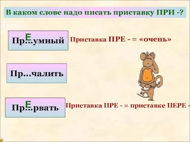 В каком слове надо писать приставку ПРИ -? Пр...умный Пр...чалить Пр...рвать Приставка