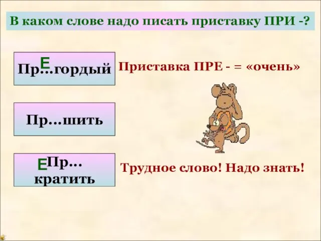 В каком слове надо писать приставку ПРИ -? Пр...гордый Пр...шить Пр...кратить Приставка