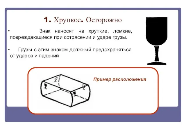 Пример расположения 1. Хрупкое. Осторожно Знак наносят на хрупкие, ломкие, повреждающиеся при