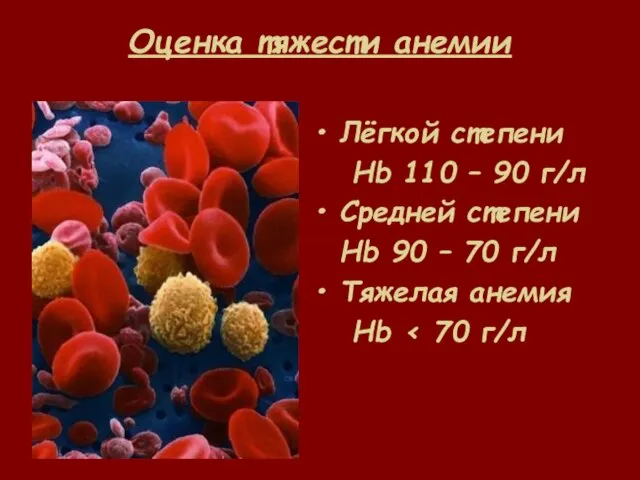 Оценка тяжести анемии Лёгкой степени Hb 110 – 90 г/л Средней степени