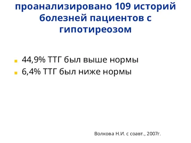 проанализировано 109 историй болезней пациентов с гипотиреозом 44,9% ТТГ был выше нормы