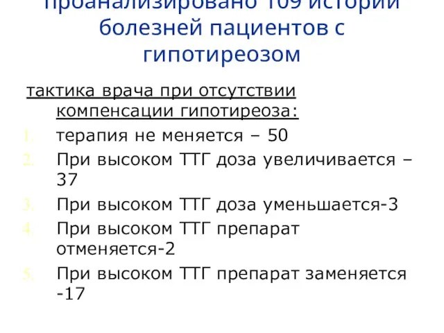 проанализировано 109 историй болезней пациентов с гипотиреозом тактика врача при отсутствии компенсации