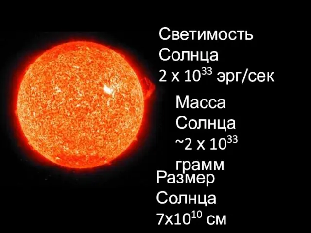 Светимость Солнца 2 х 1033 эрг/сек Масса Солнца ~2 х 1033 грамм Размер Солнца 7х1010 см