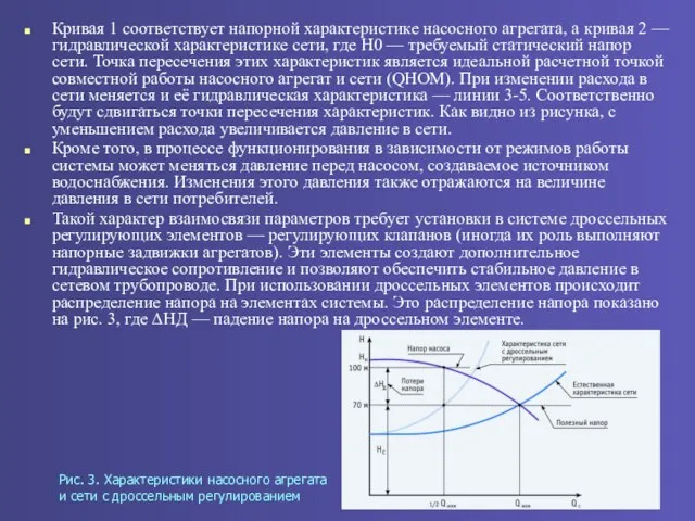 Кривая 1 соответствует напорной характеристике насосного агрегата, а кривая 2 — гидравлической