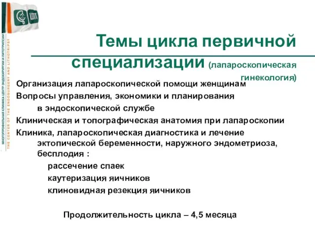 Темы цикла первичной специализации (лапароскопическая гинекология) Организация лапароскопической помощи женщинам Вопросы управления,