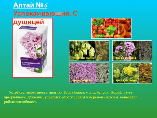 Алтай №6 Успокаивающий. С душицей Устраняет нервозность, апатию. Успокаивает, улучшает сон. Нормализует