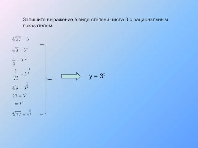 Запишите выражение в виде степени числа 3 с рациональным показателем. у = 3t