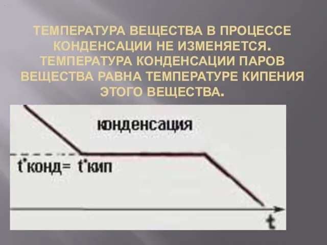 ТЕМПЕРАТУРА ВЕЩЕСТВА В ПРОЦЕССЕ КОНДЕНСАЦИИ НЕ ИЗМЕНЯЕТСЯ. ТЕМПЕРАТУРА КОНДЕНСАЦИИ ПАРОВ ВЕЩЕСТВА РАВНА