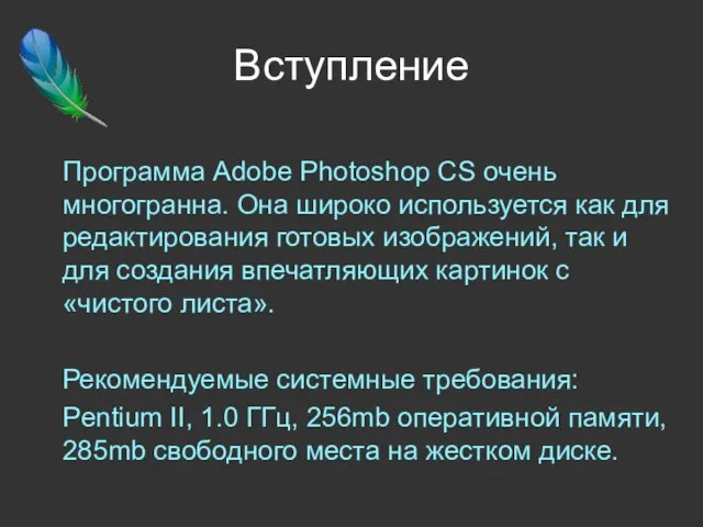 Вступление Программа Adobe Photoshop CS очень многогранна. Она широко используется как для