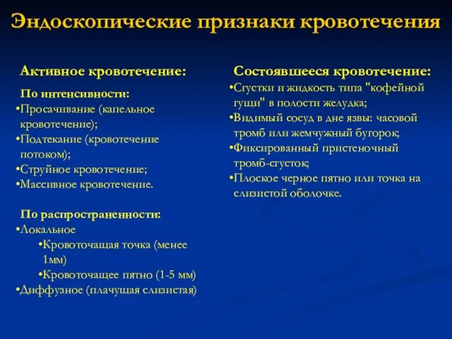 Эндоскопические признаки кровотечения Активное кровотечение: По интенсивности: Просачивание (капельное кровотечение); Подтекание (кровотечение