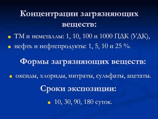 Концентрации загрязняющих веществ: ТМ и неметаллы: 1, 10, 100 и 1000 ПДК