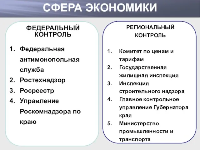 СФЕРА ЭКОНОМИКИ ФЕДЕРАЛЬНЫЙ КОНТРОЛЬ Федеральная антимонопольная служба Ростехнадзор Росреестр Управление Роскомнадзора по