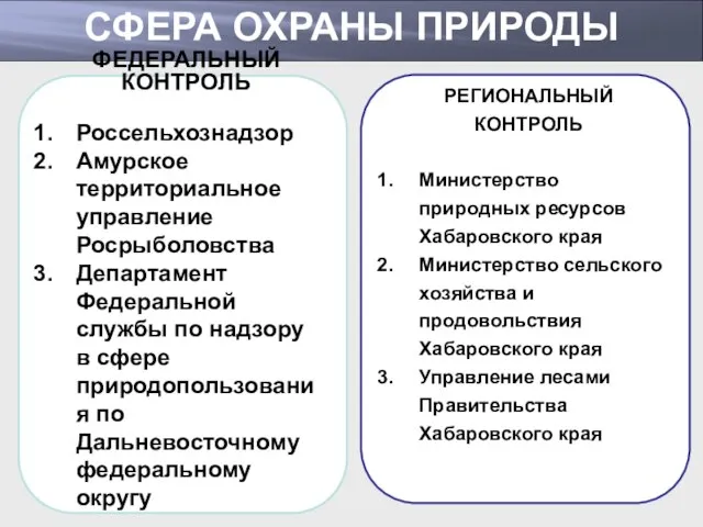 СФЕРА ОХРАНЫ ПРИРОДЫ ФЕДЕРАЛЬНЫЙ КОНТРОЛЬ Россельхознадзор Амурское территориальное управление Росрыболовства Департамент Федеральной