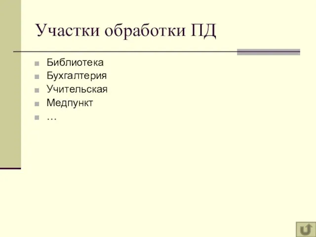 Участки обработки ПД Библиотека Бухгалтерия Учительская Медпункт …