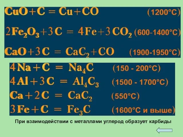При взаимодействии с металлами углерод образует карбиды