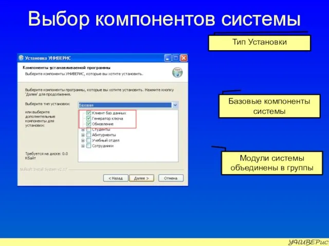 Выбор компонентов системы Тип Установки Базовые компоненты системы Модули системы объединены в группы