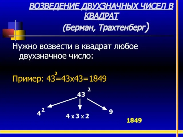 ВОЗВЕДЕНИЕ ДВУХЗНАЧНЫХ ЧИСЕЛ В КВАДРАТ (Берман, Трахтенберг) Нужно возвести в квадрат любое