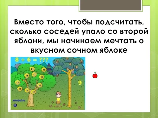 Вместо того, чтобы подсчитать, сколько соседей упало со второй яблони, мы начинаем