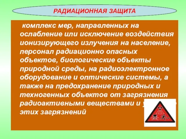 комплекс мер, направленных на ослабление или исключение воздействия ионизирующего излучения на население,