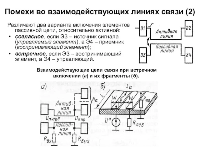 Помехи во взаимодействующих линиях связи (2) Различают два варианта включения элементов пассивной