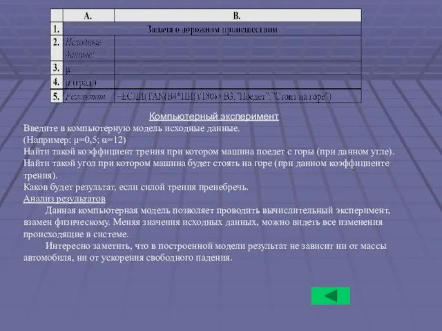 Компьютерный эксперимент Введите в компьютерную модель исходные данные. (Например: μ=0,5; α=12) Найти