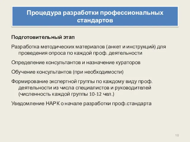 Процедура разработки профессиональных стандартов Подготовительный этап Разработка методических материалов (анкет и инструкций)