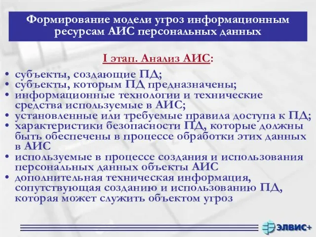 Формирование модели угроз информационным ресурсам АИС персональных данных I этап. Анализ АИС: