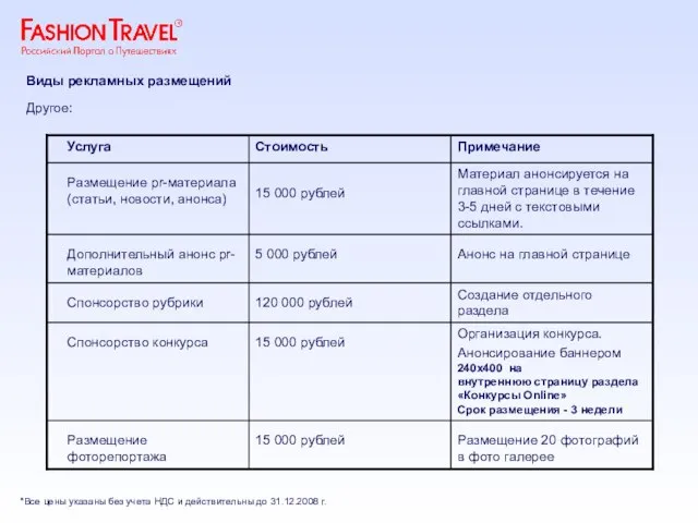 Виды рекламных размещений Другое: *Все цены указаны без учета НДС и действительны до 31.12.2008 г.