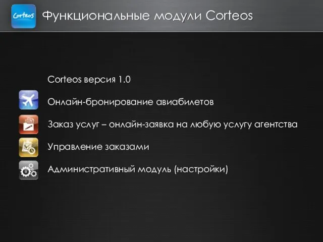 Функциональные модули Corteos Corteos версия 1.0 Онлайн-бронирование авиабилетов Заказ услуг – онлайн-заявка