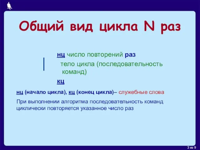 Общий вид цикла N раз нц число повторений раз тело цикла (последовательность