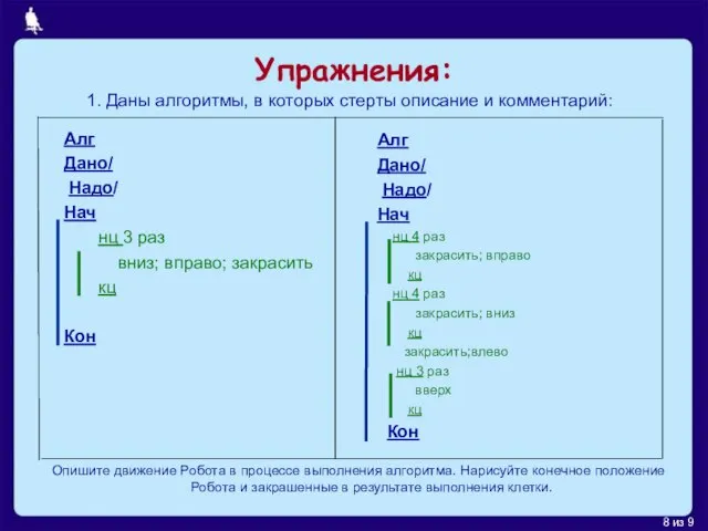 Упражнения: 1. Даны алгоритмы, в которых стерты описание и комментарий: Алг Дано/