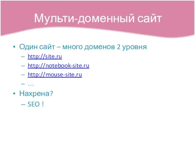 Один сайт – много доменов 2 уровня http://site.ru http://notebook-site.ru http://mouse-site.ru … Нахрена? SEO ! Мульти-доменный сайт