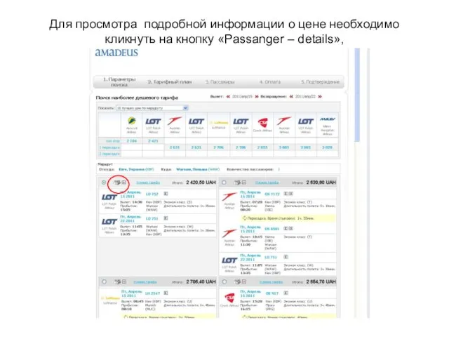 Для просмотра подробной информации о цене необходимо кликнуть на кнопку «Passanger – details»,