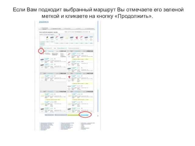 Если Вам подходит выбранный маршрут Вы отмечаете его зеленой меткой и кликаете на кнопку «Продолжить».