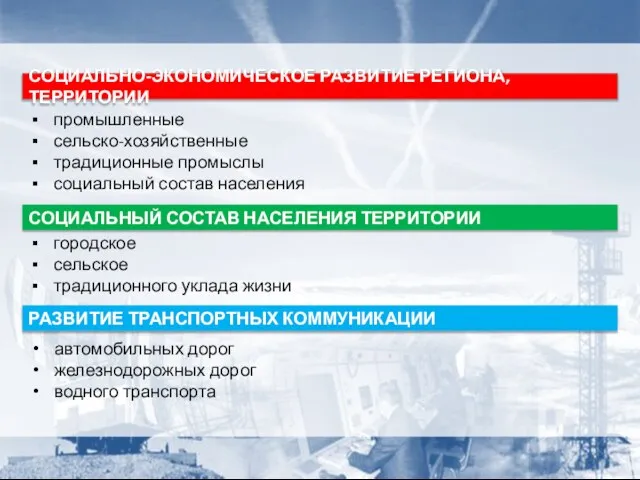 СОЦИАЛЬНО-ЭКОНОМИЧЕСКОЕ РАЗВИТИЕ РЕГИОНА, ТЕРРИТОРИИ промышленные сельско-хозяйственные традиционные промыслы социальный состав населения городское