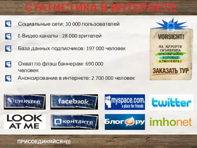 Социальные сети: 30 000 пользователей E-Видео каналы : 28 000 зрителей База