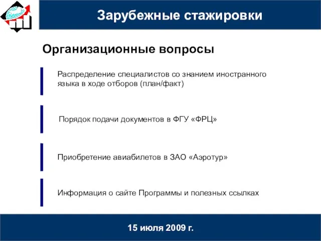 15 июля 2009 г. Организационные вопросы Распределение специалистов со знанием иностранного языка