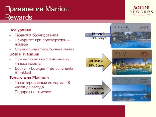 Привилегии Marriott Rewards Все уровни Гарантия бронирования Приоритет при подтверждении номера Специальная