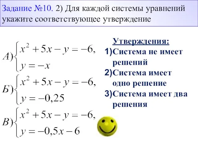 Утверждения: Система не имеет решений Система имеет одно решение Система имеет два