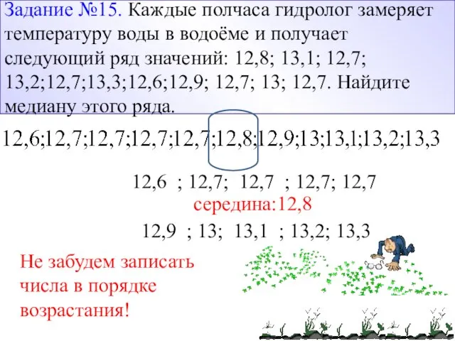 Задание №15 12,6 ; 12,7; 12,7 ; 12,7; 12,7 12,9 ; 13;